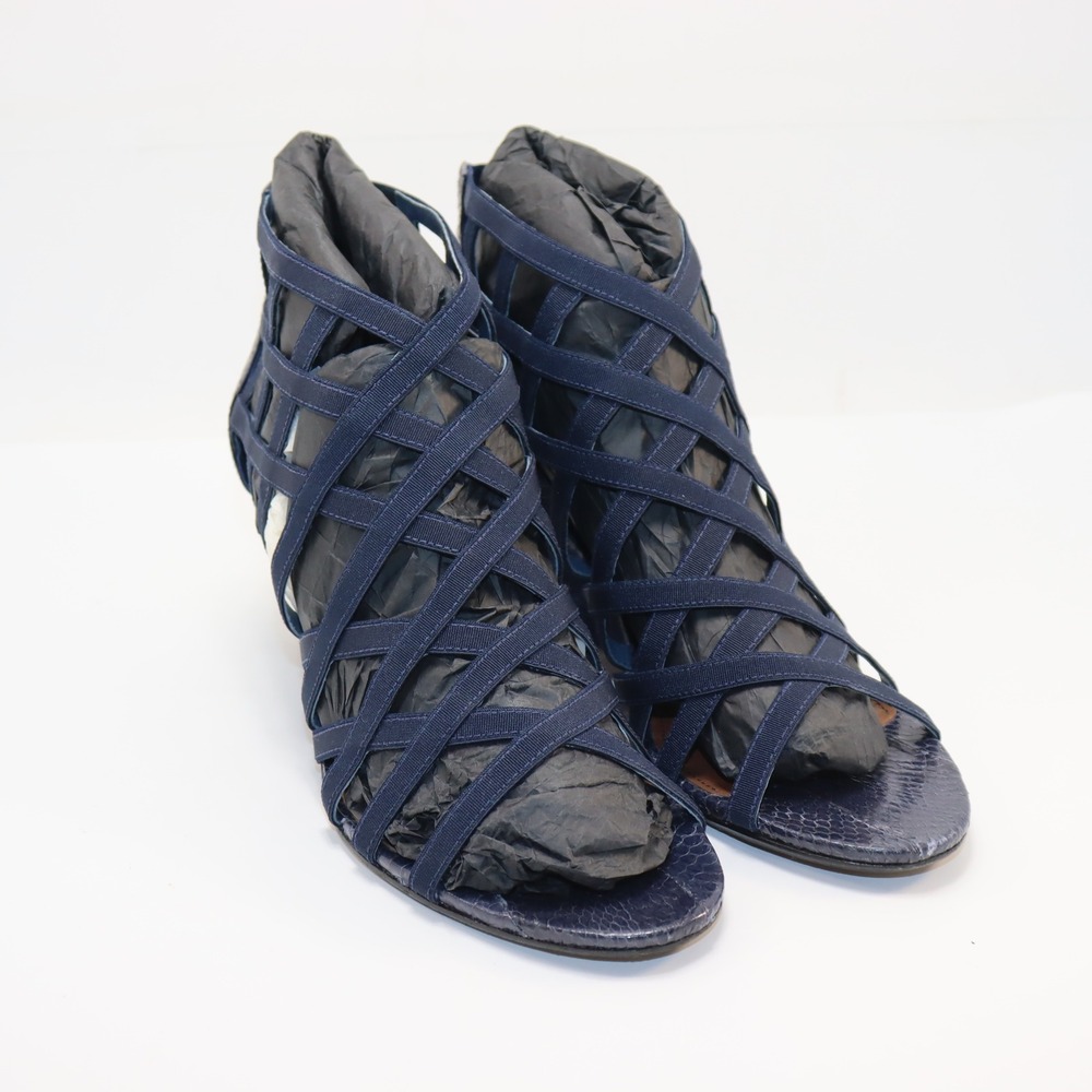 Donald J Pliner Wedge Sandals 10M Blue Womens Strappy Snakeskin Denim Heels
